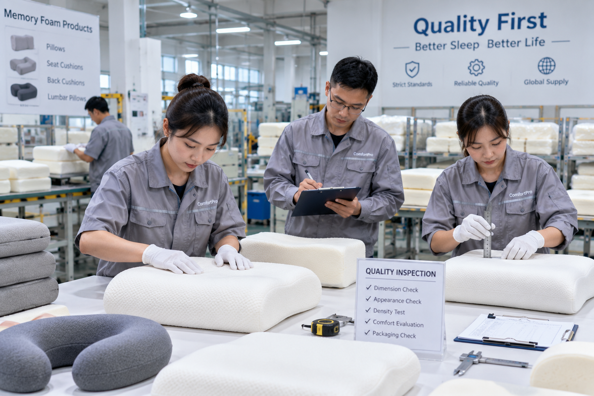 Quality technician examining memory foam samples