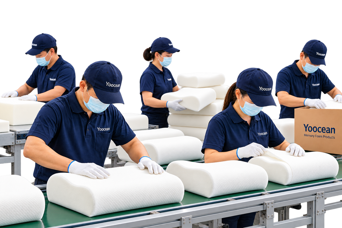 Quality technician examining memory foam samples